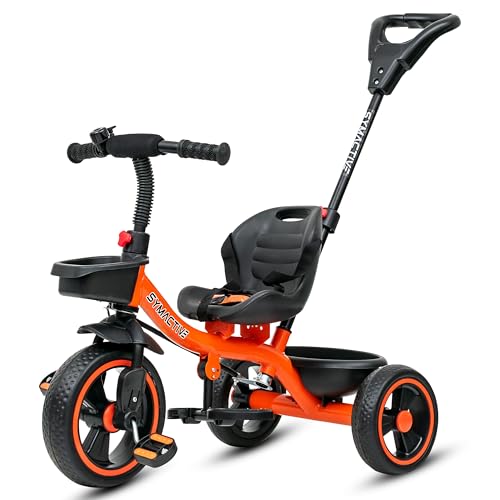 Image of Amazon Brand - Symactive Tricycle for Kids | Plug N Play | Baby Cycle with Parental Control, EVA Wheels, Bell, Seat, Belt & Basket | 2+ Years Unisex | Maximum User Weight Limit 25 Kgs | Orange