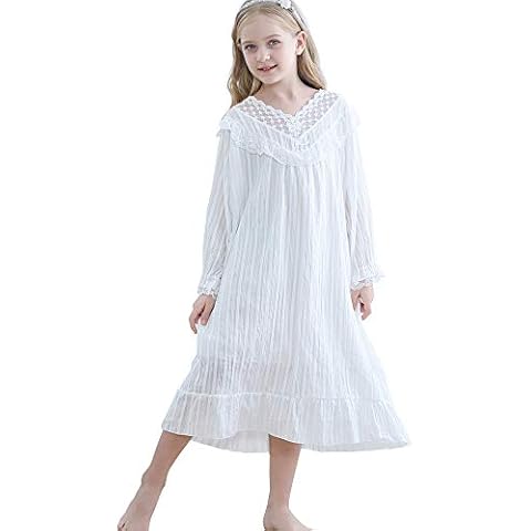 Flwydran Girls Cotton Nightgowns,Vintage Princess Long Sleeve Night Gown Pajama Dress for Toddler Kids 3-12 Years White Cover