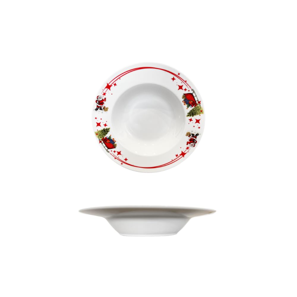 Servizio Piatti Natalizio Per 6 Persone Composto Da 18 Piatti Di Cui 6 Piani, 6 Fondi, 6 Dessert, In Porcellana Bianca Dal Decoro Natalizio Con Slitte, Regali, Stelle E Babbi Natale