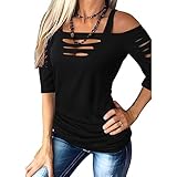 Cut Out Cold Shoulder Tops for Women T-Shirt Distressed Half Sleeve Square Neck Hollow Out Casual Blouse Summer Rock Tee Black