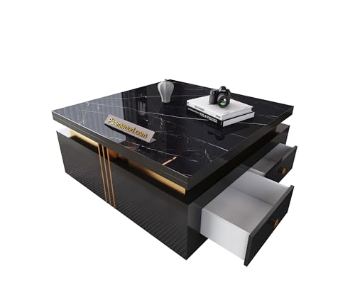 Image of Premium Marble-Top Wooden Center Table for Living Room | Coffee Table | Contemporary Design Craftsmanship (Black Big - 36x36x17 Inch)