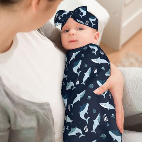 Image of Sharks Ocean Animal Baby Stuff Swaddle Blanket Wrap Baby Newborn Blanket Soft Stretchy with Headband Hat Set Gift for Infant Boy Girl