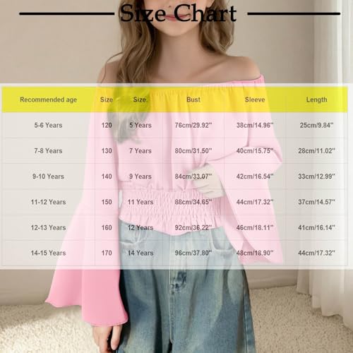 Girls 2025 Cropped Sweatshirt Out Of Shoulder Stretch Pullover Long Bell Sleeve Trendy Top Smocked Hem Sweatshirts3