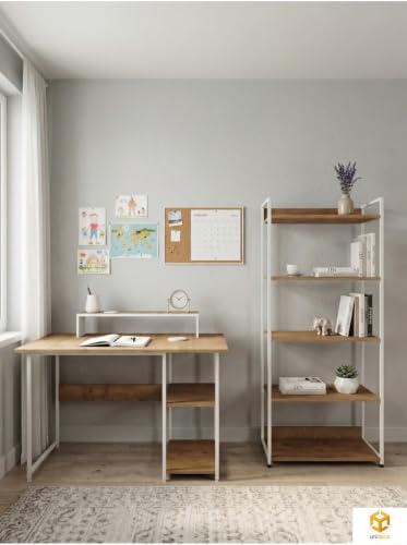 Vien 2 Set Kitaplıklı Masa Raflı Çalışma Masası 5 Raflı Kitaplık Monitör Yükseltici; Beyaz, Çam