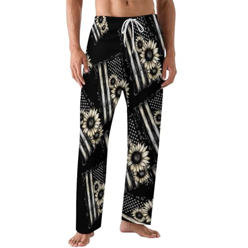 Sunflower with Usa Flag Mens Pajama Pants Loose-Fit Pjs Bottoms Lounge Pant Sleepwear with Pockets