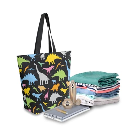 Image of Colorful Dinosaur Canvas Tote Grocery Bag Shoulder Casual Book Bag Large for Women Teachers, Animal Cotton Bag Shopping Purse Handbag Reusable Multipurpose Use