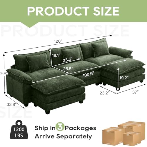 Oprisen 120" Modular Sectional Sofa, Comfy Cloud Couch Sectional Sofa with Ottoman, Chenille Sofa Sleeper Deep Seat Sofa with Throw Pillows for Living Room (Green, 120"- U Shape) - 1