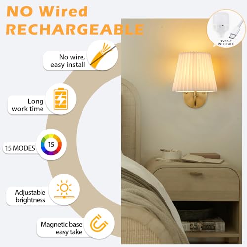 Image of PASSICA DECOR 180 Swing Arm Battery Operated Wall Sconce Set of 2 Wireless Rechargeable LED, 15 Colors Dimmable, Remote Timer, for Bedroom Living Room Gold