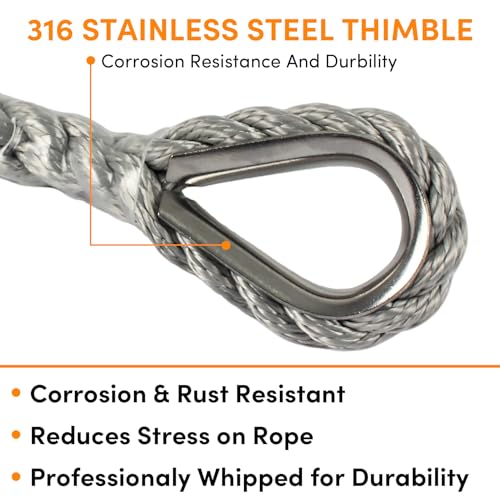 Anchor Rope 100 ft X 1/2 inch, 3-Strand Twisted Nylon Anchor Line, Boat Rope with Stainless Steel Thimble and Shackle for Boating, Anchoring, Mooring,Pulling (Grey)