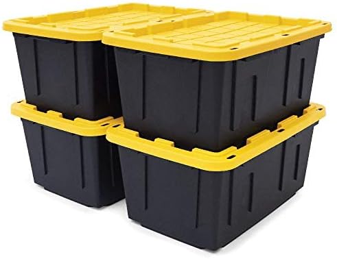 CX BLACK & YELLOW 27-Gallon Tough Storage Containers with Secure Snap Lid, Stackable, Extremely Durable, Nestable, 4 Pack