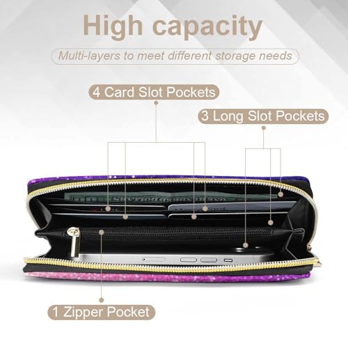 Long PU Zipper Wallet, Travel Purse Fashion Design, Huge Storage Capacity Wallet, Cute Decor Purse For Men And Women Beautiful Purple Shining Glitter Sparkles Pattern4