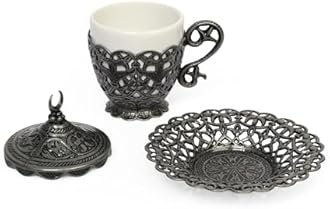 Alisveristime (1 Pc Turkish Coffee Cup - Traditional Design with Crescent Motif, Porcelain Cup and Saucer for Turkish, Greek, Arabic Coffee and Espresso (Gelincik) (Black)