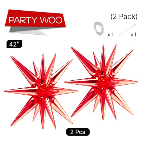 Image of PartyWoo Red Star Spike Balloons 2pcs Explosion Foil Mylar Balloons | 42 Inch for Graduation Birthday Baby Shower Engagement Wedding Anniversary Retirement Bachelorette Party Decorations
