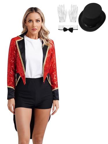 Alvivi Damen Zirkus Kostüm Zirkusdirektor Uniform mit Mütze Handschuhe Pailletten Frack Jacke Mantel Glitzer Blazer Show Tanzkostüm Mottoparty Rot M