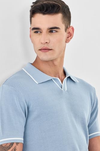 Image of SNITCH Men Polo T-Shirt | Textured Knit V-Neck with Tipping, Pullover Half Sleeve | 100% Cotton Breathable Luxe Knit Resort Wear Casual Top