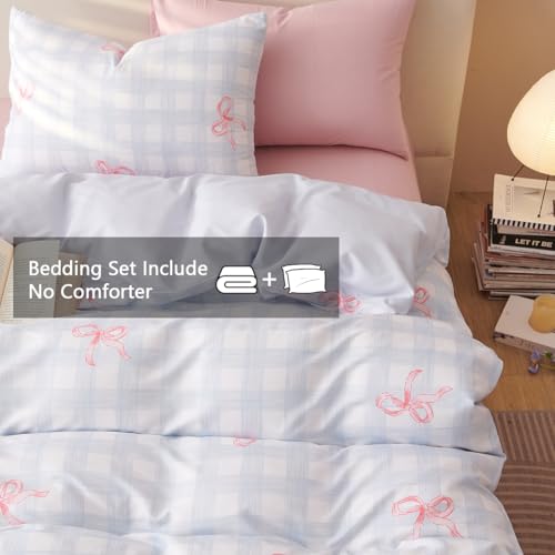 Image of Girls Duvet Cover Set Full Size Pink Bowknot and Blue Gingham Printed Design,Cozy Bedding Set 3pcs Simple and Elegant Style,Microfiber Comforter Cover with Zipper Closure and 2 Pillowcases