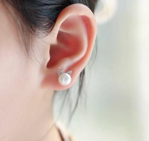 Cute Cat Stud Earrings, Hypoallergenic Small Pearl Earrings for Women Silver2