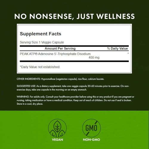 Image of Swanson Maximum Strength Peak ATP Cellular Energy Supplement for Athletes and Active Adults Seeking Performance and Recovery Support - 400 mg (30 Veggie Capsules, 4 Pack)