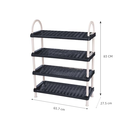 Image of Amazon Basics Multipurpose Plastic Shoe Rack | Durable, Space-Saving & Easy to Assemble | Portable Shoe Organizer | Grey (Large, 65.7 cm x 27.5 cm x 83 cm)
