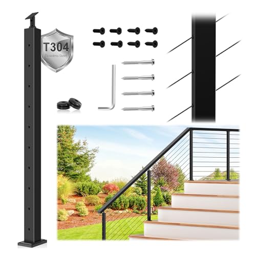 Image of 36 inch Swageless Modular Stair Cable Railing Post Fit 28-38 Degree Stairway, T304 Stainless Steel Surface Mount 33 Angle Drilled Deck Post with Black Powder Coating for Stair Indoor Outdoor