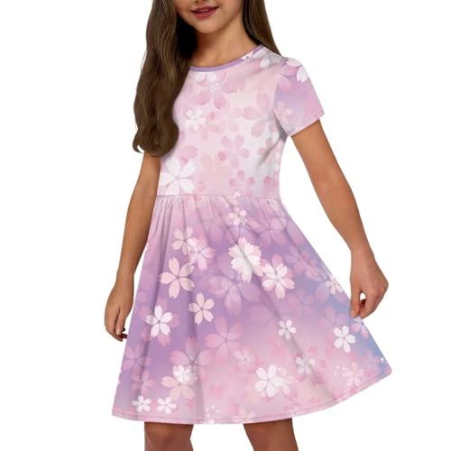 Image of Girls Dress with Pockets Basic Short Sleeve High Waist Swing Skater Dress School Party Dress for Kids