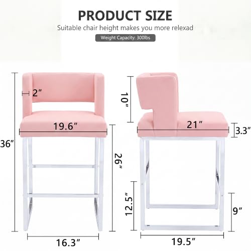 Image of Counter Height Bar Stools Set of 4, Pink Leather Chair Silver Legs | 26 inch Seat Height Fits Standard Kitchen Islands, Upholstered Barstools, Back Support, Square Metal Legs, Footrest