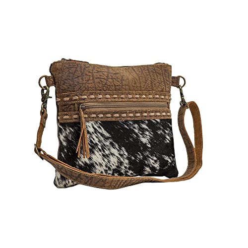 Myra Diaz Cowhide Purse - Black and White Cowhide Purses with Brown Tooled Leather Design, Adjustable Shoulder Strap2