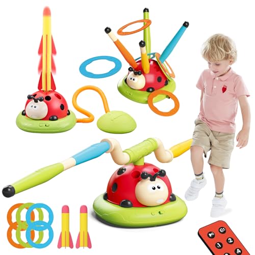 MAVEKID 3 In 1 電動縄跳び 子供 幼児 キャンプ 遊び ロケットランチャー 輪投げ おもちゃ 輪投げセット てんとう虫 玩具 音楽付き 外遊びグッズ 室内 運動 公園遊びグッズ ファミリースポーツ ゲーム 男の子 おもちゃ 人気 小学生 3歳