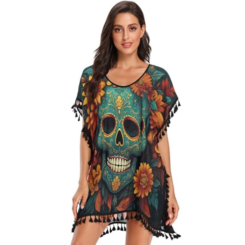 KAAVIYO Colorful Cyan Skulls Rose Flower Women's Beach Cover Up Chiffon Tassel Swimwear Swimsuit Coverups for Girl