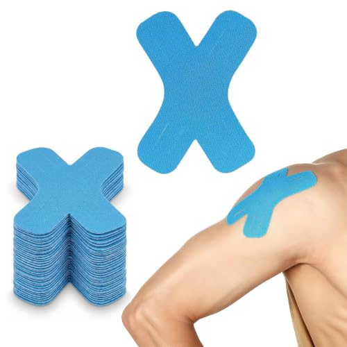 20 Piezas tape en Forma de X, Cinta lógica Precortada 10x7.5cm, Vendaje Neuromuscular Impermeable para Rodilla y Hombro, Tiras Fisioterapia Elásticas de Alta Adherencia, Azul