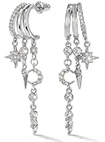 MUMREUES Boucles d'Oreilles Cercles pour Femme Plaqué Argent 14K Boucles d'Oreilles Chaîne avec Franges en Zircon Minimalistes Pendentif étoile et lune Boucles d Oreilles pour Femmes Cadeau pour Elle​