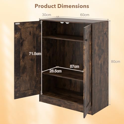 COSTWAY Wooden Storage Cabinet - Freestanding Buffet Sideboard with Doors & Shelves, Display Cupboard for Kitchen and Dining Room (2 Doors, 60 x 30 x 80cm, Adjustable Shelves, Rustic Brown) - Image 3