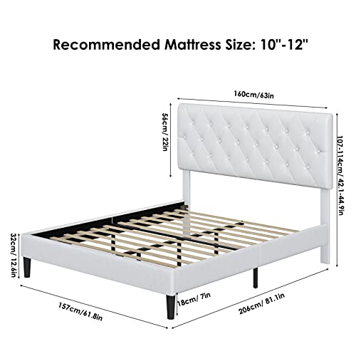 Ttview Upholstered Queen Bed Frame With Button Tufted Headboard, Modern Faux Leather Platform Bed With Wooden Slat Support, No Box Spring Needed, Sturdy And Noise-Free, Easy Assembly, White #TOP1