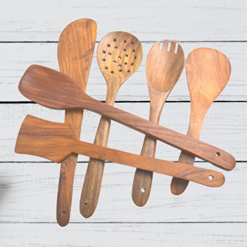 Dwelling Store™ Wooden Spatula Spoons Set For Cooking, 6 Pcs Wooden Utensils For Cooking - Easy To Clean Reusable Wooden Spoons For Cooking #TOP5