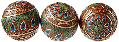 Design Toscano QM25572 Peacock Feathered Orbs Decorative Accent Balls, Set of Three, Polyresin, Full Color, 8 cm, Blue, Green, and Gold
