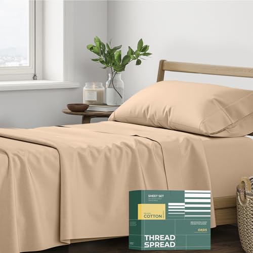 THREAD SPREAD 100% Organic Cotton Sheets Twin XL Size - 3 PC Organic Cotton Twin XL Size Percale Weave Sheet Set, Soft, Cooling, Crisp & Breathable, 16" Deep Pocket Bedding Set for Dorm Room - Taupe by THREAD SPREAD - Used condition - US$25.60