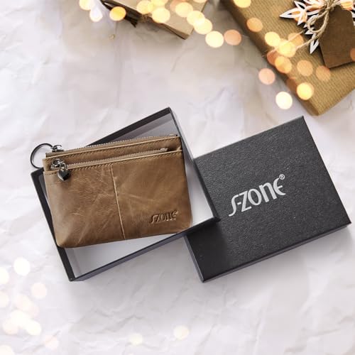 Image of S-ZONE Genuine Leather Coin Purse Women Small Change Wallet Pouch Card Holder with Keychain Gift Box