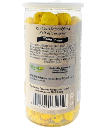 Image of Rani Jumbo Phool Makhana (Fox Nut /Popped Lotus Seed) Salt & Turmeric Flavor 2.29oz (65g) Vacuum Sealed, Easy Open Top, Resealable Container ~ Indian Tasty Treats | Vegan | NON-GMO | Indian Origin