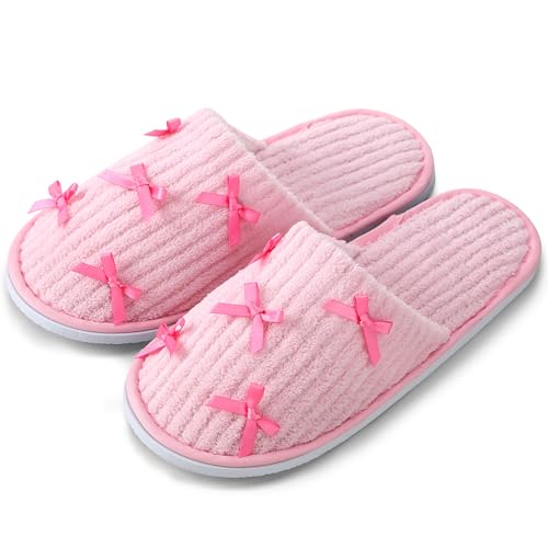 Cute Bow Slippers for Women Coquette Pink Bridesmaid Plush Non-slip Preppy Slipper Wedding Bride Party Gift Comfortable Reusable for Bachelorette Party Bathroom Bedroom Holiday Travel