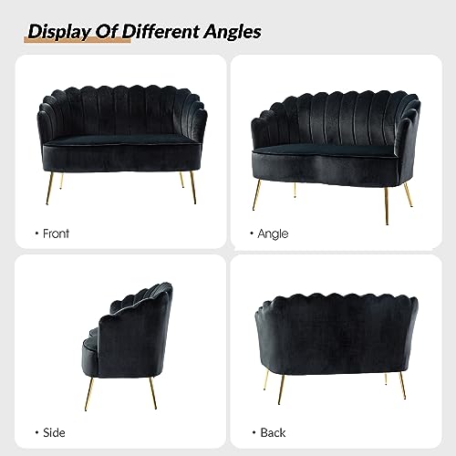 Image of HULALA HOME Modern Velvet Loveseat Sofa with Flower Shaped Back, Comfy Upholstered 2-Seater Sofa with Gold Metal Legs, Small Love Seat Accent Couch for Living Bedroom Leisure Areas, Black