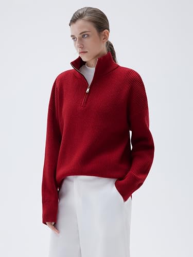Image of SUUKSESS Women Cashmere Blend Oversized Quarter Zip Pullover Sweater Long Sleeve Collared Ribbed Knit Jumper Tops