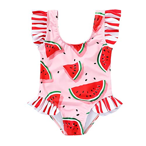 Tiny Cutey Toddler Baby Girls Swimsuit Ruffled Sleeveless Swimwear One-Piece Beachwear Bathing Suit 6M-4Y (Pink-Watermelon, 2-3t)