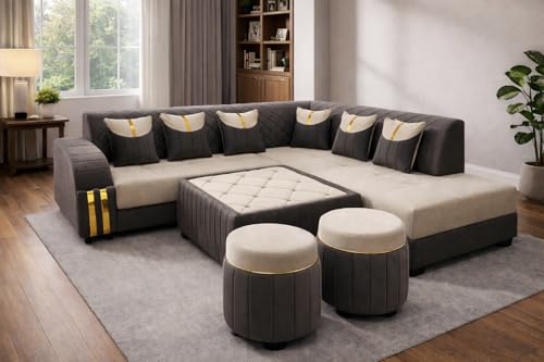 WOODREAM Right Facing Upholstered L Shape 7 Seater Sofa Set | Sectional Swed Fabric Sofa Set with Centre Table and 2 Puffy Ottomans for Living Room & Drawing Room, Grey and Cream