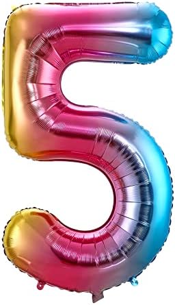 Colourful Number Balloons, 40inch Large Rainbow Number 5 Balloon Foil Mylar Helium Birthday Balloons for Birthday Party Decoration (Rainbow, Number 5)