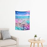 Tapiz decorativo de pared con diseño de corazones y océano, piedra preciosa azul melocotón, románticos tapices estéticos para dormitorio, sala de estar, decoración de playa, 76 x 101 cm
