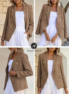 Happy Sailed Womens Tweed Blazers Casual Long Sleeve Double Breasted Open Front Blazer Jackets Work Suits
