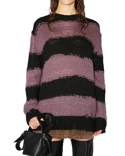Alinelle Women Gothic Loose Fit Knit Sweatshirt Long Sleeve Crew Neck Striped Print Hollow Out Sweater Harajuku Grunge Knitwear Top (Purple A, ONE Size)