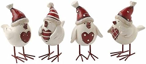 Shabby Chic Resin Bird Figurines with Hat and Christmas Heart Red Set of 4, Cream & Red, 12cm