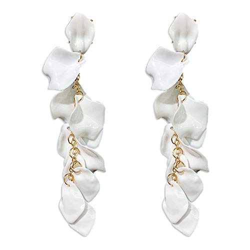 Summer Boho Long Acrylic Rose Petal Earrings Dangle Exaggerated Flower Earrings Drop Floral Tassel Earrings for Women and Girls Great for Party (Long Acrylic Rose Petal Earrings-White)