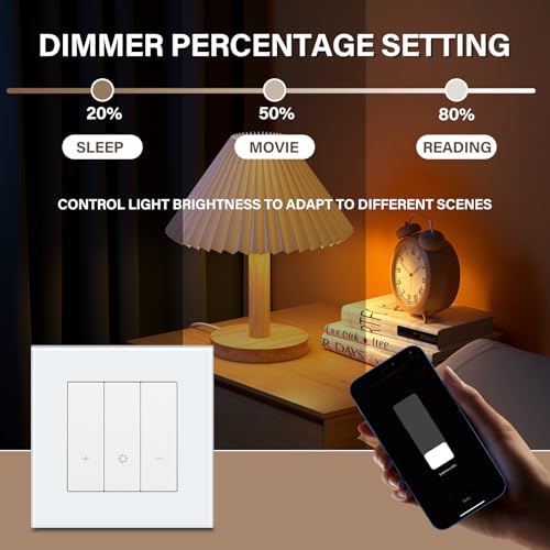 BSEED Dimmer Smart Lichtschalter Glas WIFI Wandlichtschalter (Neutrale Leitung Erforderlich) kompatibel mit Alexa/Google Home 1 Fach 2 Wege Weiß, 2Pack